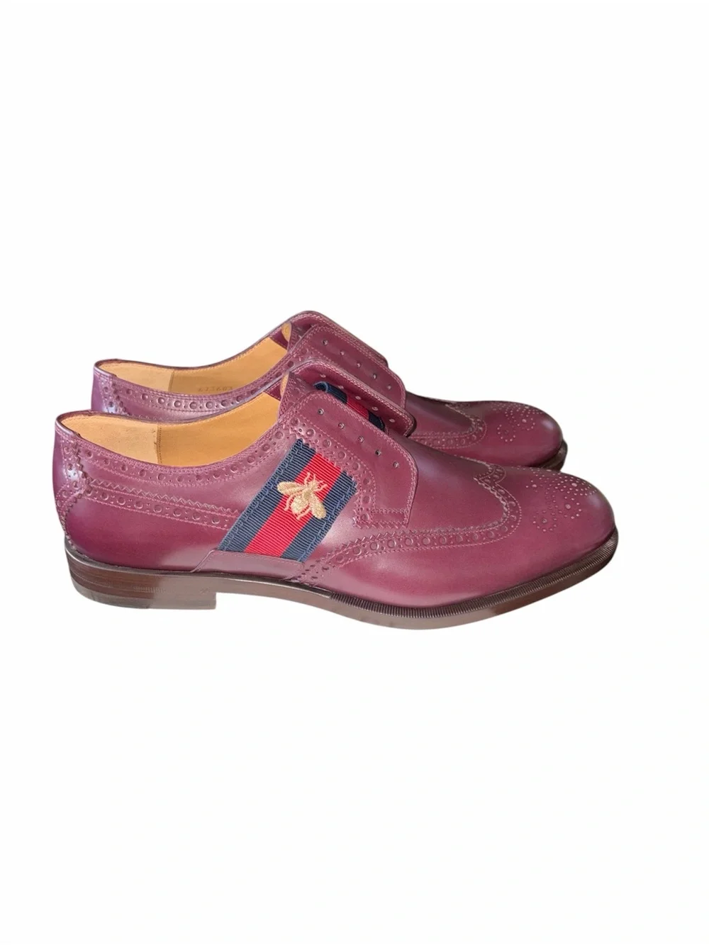 Gucci Men's Burgundy Wingtip Oxfords with Signature Web and Bee size 10.5